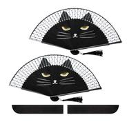 LetCart Simpatico Cartone Animato Stampato a Mano Gatto Nero Kung Fu Ventaglio di Seta Modello a Getto D'inchiostro Ventagli Pieghevoli in bambù Festa di Nozze Ventaglio di Carnevale con Borsa