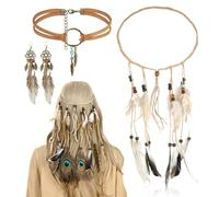 letcdfer Set di 3 gioielli con testa indiana, stile vintage, per carnevale, bohémien, con nappe, corda per tessere, fascia per capelli, stile bohémien, indiano