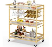 Leteuke Carrello da bar per la casa, a 3 ripiani, dorato, con ruote, per bevande, liquori con ripiani in legno marmorizzato, portabottiglie e porta bicchieri per cucina, sala da pranzo