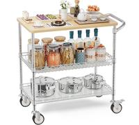 Leteuke Carrello da cucina con ruote, carrello da cucina a 3 livelli resistente con piano in legno, carrello commerciale NSF in metallo con manico e rivestimento per mensole, carrello da portata per