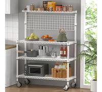 Leteuke Scaffale da cucina per panettieri, certificato NSF, supporto per microonde a 4 ripiani con ruote e 20 ganci a S, scaffale regolabile in metallo di grado commerciale, scaffale portaoggetti in