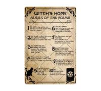 Letrero de hojalata con las reglas de la casa de la bruja, placa de metal vintage, decoración de pared para bar, hogar, sala de estar, dormitorio, 20 x 30 cm