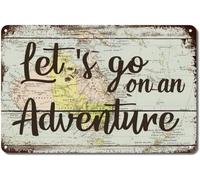 Letrero de hojalata de aluminio con texto "Vamos a la aventura", mapa del mundo vintage, decoración para el hogar, lavandería, sala de estar, viajes, regalo para amantes de la decoración, 8 x 12 pulg
