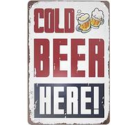 Letrero de hojalata retro con texto "Cerveza fría aquí", rústico, de metal, para pared, vintage, antiguo, para calle, hogar, bar, club, cocina, decoración de pared, 20 x 30 cm