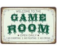 Letrero de hojalata vintage "Bienvenido a la sala de juegos", decoración de metal, ideas para decorar salas de juegos, juegos arcade, arte de pared retro para gamers, juegos de 8 x 12 pulgadas