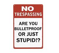 Letrero de hojalata vintage con texto "No Trespassing Are You Bulletproof Or Just Stupid" (No pasar, ¿eres a prueba de balas o simplemente estúpido?), señal de advertencia de aluminio para decoración