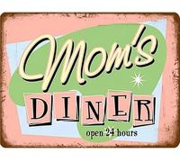 Letrero de hojalata vintage "Momms Diner", abierto las 24 horas, único, para pared, de metal, para decoración del hogar, puerta, póster, regalo para el Día de la Madre, restaurante, cocina, tienda, 2