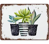 Letrero de metal con suculentas en macetas, arte de pared vintage, póster retro, plantas, decoración del suroeste, macetas blancas y negras, acuarela para el hogar, jardín, granja, garaje, placa de 8