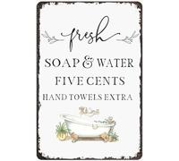 Letrero de metal con texto "Agua fresca, cinco centavos, toallas de mano extra", letrero vintage para baño, cafeterías, bares, cita divertida sobre lavandería, decoración de pared, póster retro, rega