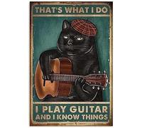Letrero de metal con texto en inglés "That's What I Do I Play Guitar and I Know Things", diseño de gato negro, divertido póster para sala de estar, cocina, baño, decoración de pared para el hogar, 8
