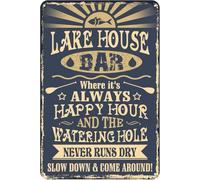 Letrero de metal "Lake House Bar Where It's Happy Hour", decoración retro para el hogar, biblioteca, librería, sala de estar, fiesta, bar, cafetería, club, cueva, decoración de pared, 8 x 12 pulgadas