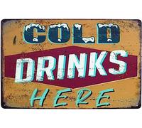 Letrero de metal retro con texto "Bebidas frías aquí", placa de arte vintage para bar, cocina, hogar, tienda, habitación, decoración de pared, regalo, 8 x 12 pulgadas