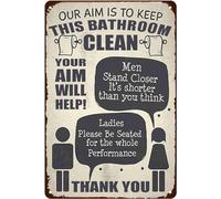 Letrero de metal vintage con texto "Nuestro objetivo es mantener este baño y tu objetivo te ayudará a decorar la pared del baño, el bar, la cafetería o el garaje", decoración retro divertida para el