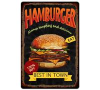 Letrero de metal vintage de 8 x 12 pulgadas con diseño de hamburguesa de hierro retro, aspecto oxidado, tentador y delicioso, para cocina, restaurante, cafetería, tienda de comida rápida, decoración