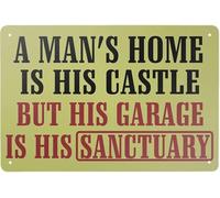 Letrero de metal vintage "El hogar de un hombre es su castillo, pero su garaje es su santuario". Letrero de metal para decoración de bar, cafetería, restaurante, tienda, 20 x 30 cm.