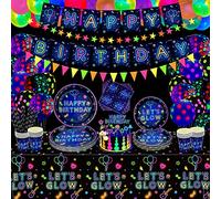 Let's Glow - Set da 178 Pezzi per Feste al Neon, Tavola Con Palloncini Che Si Illuminano al Buio, Decorazioni per Torte, 20 Pezzi