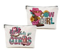 Let's Go - Set di 2 borse per il trucco in stile western, con cappello da cowgirl, per donne, ragazze, sorelle, BFF, stivali da cowboy, regalo di Natale, compleanno, articoli da toeletta da viaggio