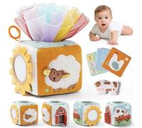 let's make Gioco Scatola Fazzoletti per Bambini, Giocattolo Sensoriale Montessori 6 9 12 Mesi, Cubo Attività Fattoria con Foulard, Fazzoletti Fruscianti, Specchio, Mucca Sonora e Clip da Viaggio, Rega