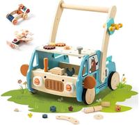 let's make Girello in legno Montessori, giocattolo con ruote e blocchi, giocattolo multifunzione Baby Walker Activity per bambini a partire da 1 anno (blu)