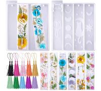 LET'S RESIN Stampi in silicone per segnalibro largo 3,8 cm, bianco e motivo gatto luna, kit di segnalibri in silicone con 20 nappe, stampi rettangolari per segnalibri per artigianato in resina