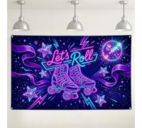 Let's Roll - Sfondo con pattini a rotelle al neon, motivo retrò con stelle da discoteca per interni ed esterni, sfondo viola vibrante per eventi fotografici, 180 x 109 cm
