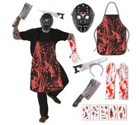 LETSHOLD Costume Halloween Uomo, Costume Macellaio Horror con Grembiule Insanguinato, Accessori Horror Set per Festa di Halloween Carnevale (Nero)