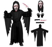 LETSHOLD Screm Costume Halloween Bambino, Vestito Ghost Face con Maschera e Coltello Finto, Scary Movie Costume Set per Festa di Halloween Carnevale Cosplay (Bambino-L)