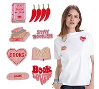 letsinstyle 8 pz Toppe Termoadesive Ricamate A Tema Libresco, Toppa da Cucire Rosa in Poliestere, da Applicare Come Ricamo per Riparazioni, Accessori Fai da Te per Donne Amanti dei Libri, Zaini