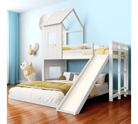 Letta con slittino, casa-letto con porta di sicurezza, finestra e tetto, scala a tre gradini, somier bambino in pino, bianco