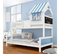 Letta, letto da casa con cassetta di stoccaggio e scala inclinata a tre gradini, pannello di graffiti sul lato, somier in pino per bambini, bianco+blu