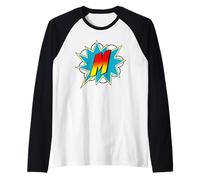 Lettera M Supereroe Nome Comico Lettera Retro Costume Maglia con Maniche Raglan