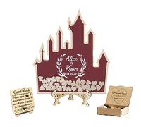 Lettera personalizzata di testo personalizzato castello Wedding Guest Book con 30-100pcs Cuori di Legno, Legno Wedding Guestbook Segno, Anniversario Wedding segno nel libro per Cerimonia (style 2)