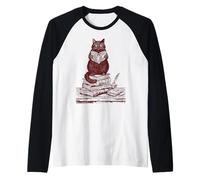 Letterario Gatto Nero Lettura sulla Pila di Libri Maglia con Maniche Raglan