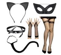 LETTERASHQP Costume da gatto da donna con orecchie di gatto, cerchietto per coda di gatto, costume per Halloween, costume da gatto, costume da gatto, costume da adulto, costume con calze a rete, per