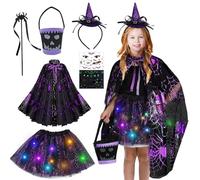LETTERASHQP Costume da strega per bambini, con cappello da strega, gonna luminosa e accessori per Halloween
