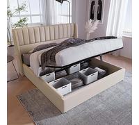 Letti imbottiti, letti matrimoniali, letti per adulti, con reti a doghe idrauliche, letti sollevabili, grande spazio di archiviazione, materiale di lino (beige + linen + 160 x 200)