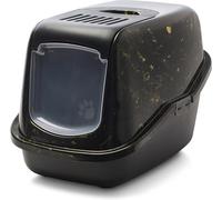 lettiera gatto chiusa - Savic Nestor Marble - nero/oro - design marmorizzato - frontale apribile - schienale alto - filtro a carbone - 56x39x38,5 cm