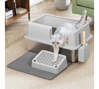 BAKAJI Lettiera per Gatti XXL Semiaperta con Base in Acciaio Inossidabile, Capacità 35 Litri e Pedana Anti Sabbiolina, Paletta con Contenitore e Tappetino Antisporco, 60 x 40 x 30 cm