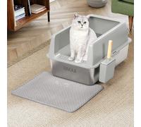BAKAJI Lettiera per Gatti XXL Aperta con Base in Acciaio Bordo Anti Sabbiolina, Paletta Raccolta e Contenitore, Tappetino Anti Sporco, Base Antiscivolo, Capacità 35 L, Colore Grigio, 60 x 40 x 30 cm