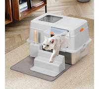 BAKAJI Lettiera per Gatti XXL con Base in Acciaio Inossidabile da 35 Litri e Scaletta Anti Sabbiolina, Sportellino Trasparente con Blocco, Paletta con Contenitore, Tappetino Antisporco 60 x 40 x 39 cm