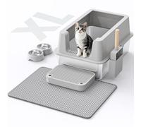 Lettiera per gatti in acciaio inox, con coperchio, per gatti grandi, con lato alto, anti-perdite, facile da pulire, antiaderente, tappetino incluso, ciotola e cucchiaio inclusi