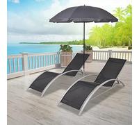 Lettini Prendisole con Ombrellone, Sdraio da giardino Sedia a Sdraio da Esterno Lettini da piscina Lettino da Spiaggia Adatto per Bordo piscina Patio Giardino Spiaggia Piscina in Alluminio Nero