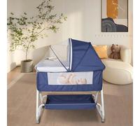 Lettino 3 in 1 95x50cm, culla a dondolo e lettino laterale, culla Cododo con fasciatoio e zanzariera, regolabile in altezza in 6 direzioni 68-80cm, ideale per genitori, colori disponibili: blu/grigio/