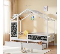 Lettino 90 x 200 cm con 2 cassetti, letto singolo per bambini, lettino con 2 lavagne graffiti, letto a soppalco con rete a doghe e armadietto, in legno massello funzionale, senza materasso (bianco)