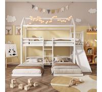 Lettino a castello, bianco, 90 x 200 cm, struttura stabile del letto, con scivolo, design unico del tetto, design con tre posti letto, spazio nel letto superiore, pino+MDF, senza materasso