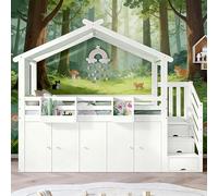 Lettino a castello, con rete anticaduta, 1 armadio e 2 armadietti, con 3 armadietti nelle scale, tessuto a righe, pino+MDF+compensato, bianco+verde, 90 x 200 cm