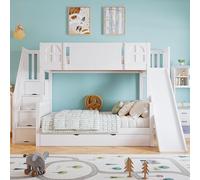 Lettino a castello, culla con finestra, con scivolo per bambini, cassetti con ruote, scale con corrimano, con 4 armadietti nelle scale, design versatile, ampio spazio di archiviazione, pino+MDF