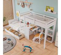 Lettino a castello, culla con scala a tre livelli, rete a doghe stabili, scaffale aperto, design della recinzione di sicurezza, due cassetti, con scrivania, telaio in pino+MDF, bianco, 90 x 200 cm