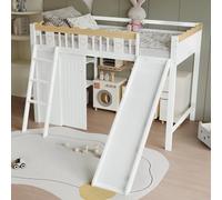 Lettino a castello, culla con scivolo per bambini, armadio e armadietto sotto il letto, recinzione quadrilaterale, bianco+naturale, 90 x 200 cm