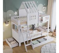 Lettino a castello, letto per bambini, due cassetti con ruote, bel tetto e finestra, con tavolo da lettura e cestino, pino + MDF + compensato, bianco, 90 x 200 cm